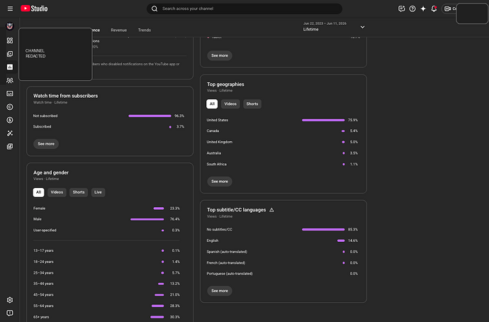 YouTube Studio lifetime audience demographics