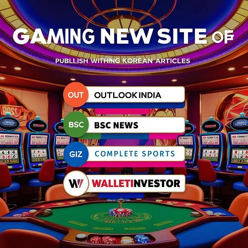 Create an image  that I can publish korean articles on Outlookindia, bsc news, complete sports, Gizmodo, walletinvestor add gaming casino background add news site name peoperly